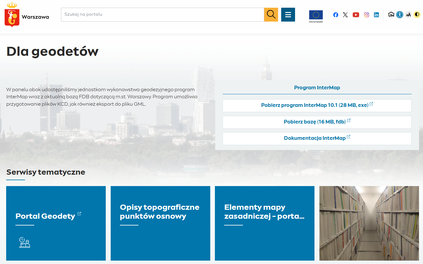 Widok strony Urzędu Miasta Stołecznego Warszawy - sekcja dla geodetów