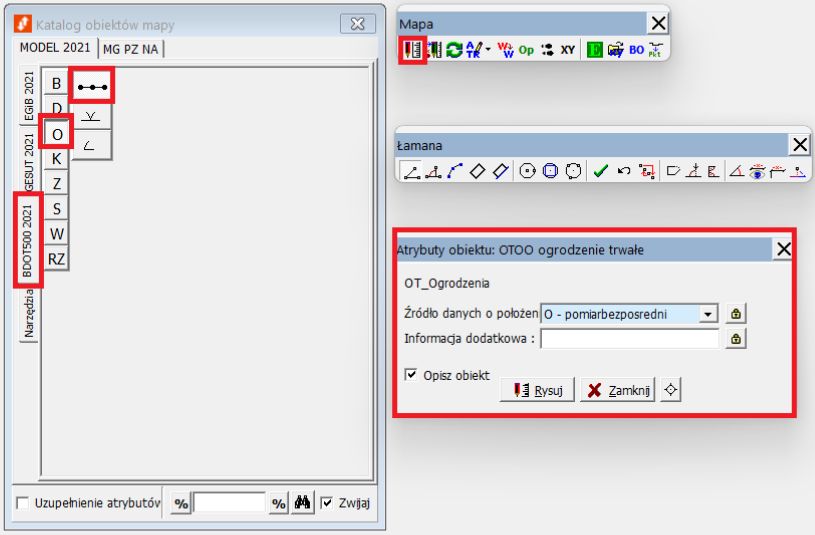 Widok okna katalogu obiektów mapy i panelu mapy i atrybutów obiektu
