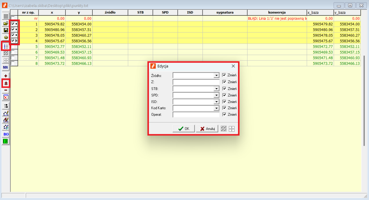 Widok okna z punktami i edycją