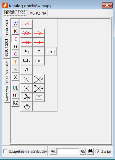 Widok okna katalogu obiektów mapy