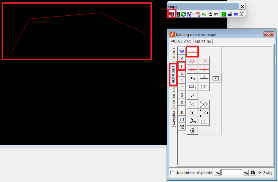 Widok palety mapy, okna katalogu obiektów mapy i widoku grafiki z narysowanym obiektem
