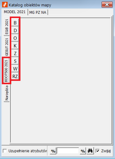 Widok okna katalogu obiektów mapy