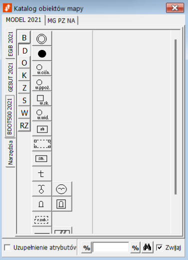 Widok okna katalogu obiektów mapy