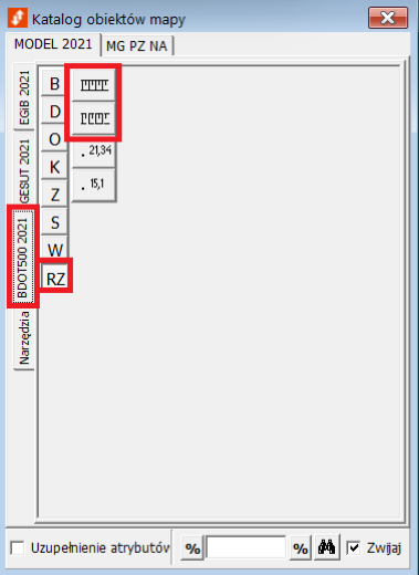 Widok okna katalogu obiektów mapy