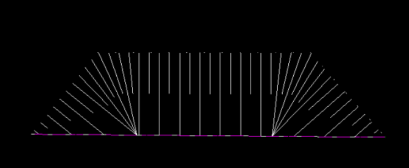Widok obrysu skarpy wypełnionej pionowymi liniami i podświetlonym na różowo dołem