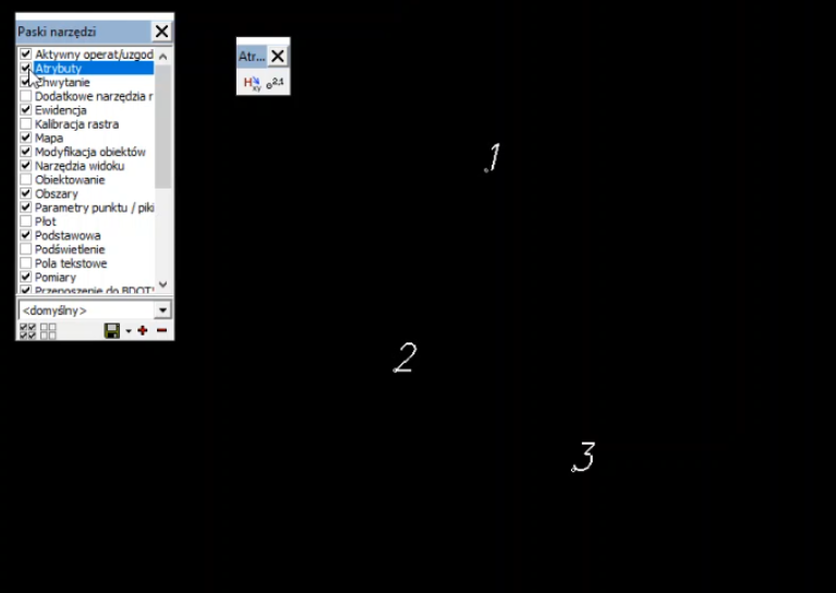 Widok okna grafiki z pikietami oraz oknami: Paska narzędzi i Atrybutów