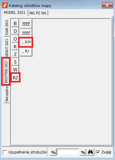 Widok okna katalogu obiektów mapy