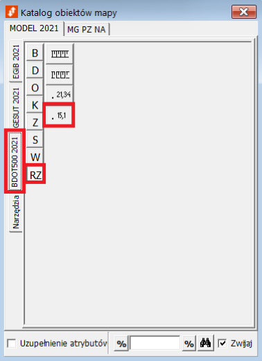 Widok okna katalogu obiektów mapy