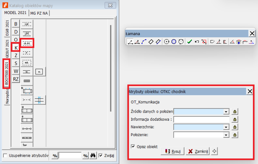Widok okna katalogu obiektów mapy i okna atrybutów obiektu