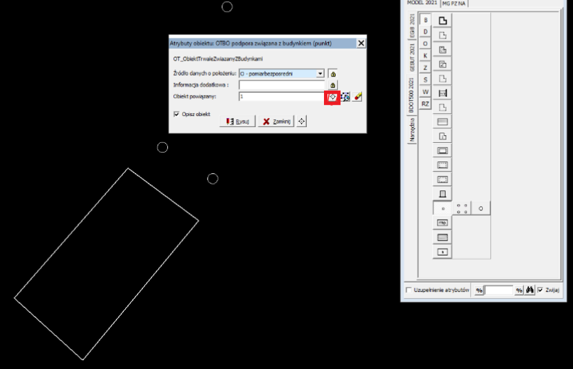 Widok części mapy oraz okna atrybutu obiektów
