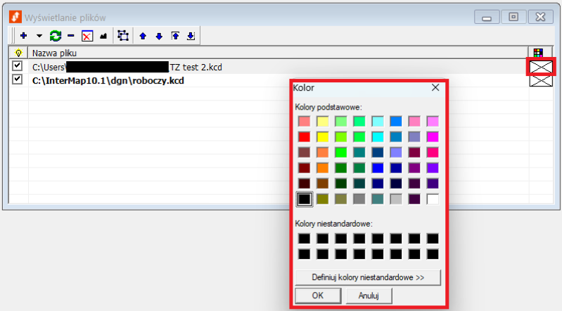 Widok wyświetlania plików i okna wybrania koloru
