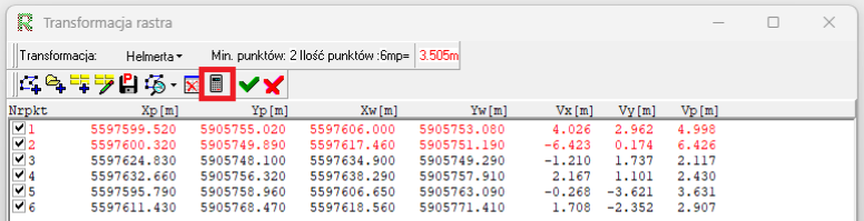 Widok okna transformacji rastra z wprowadzonymi punktami