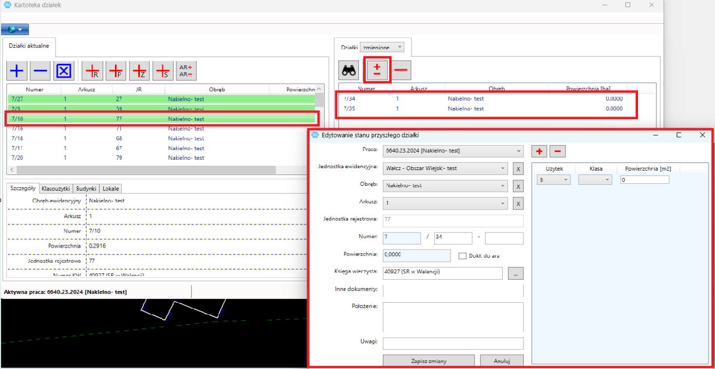 Widok okna kartoteki działek oraz edytowania stanu przyszłego działki