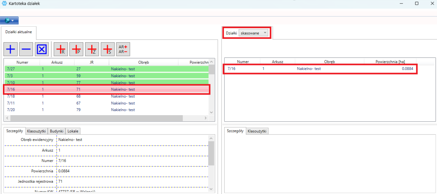 Widok okna kartoteki działek