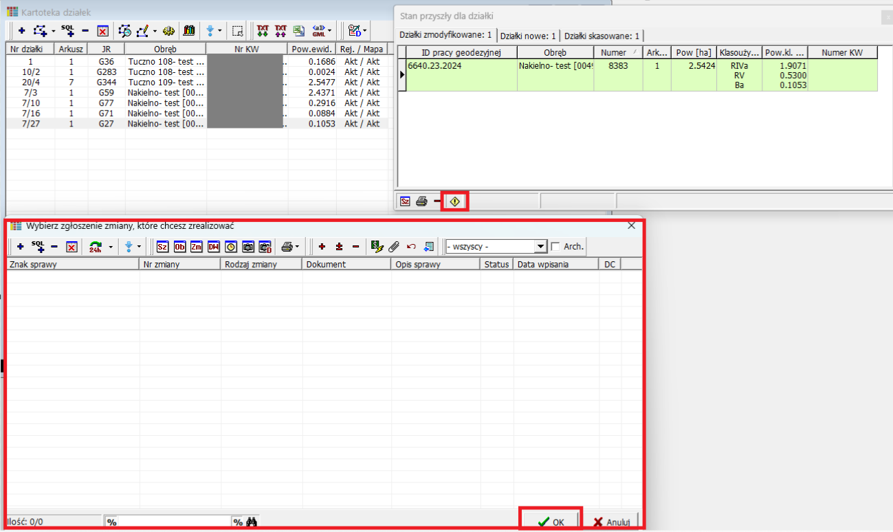 Widok okna stanu przyszłego działki i okna wybrania zgłoszenia zmiany