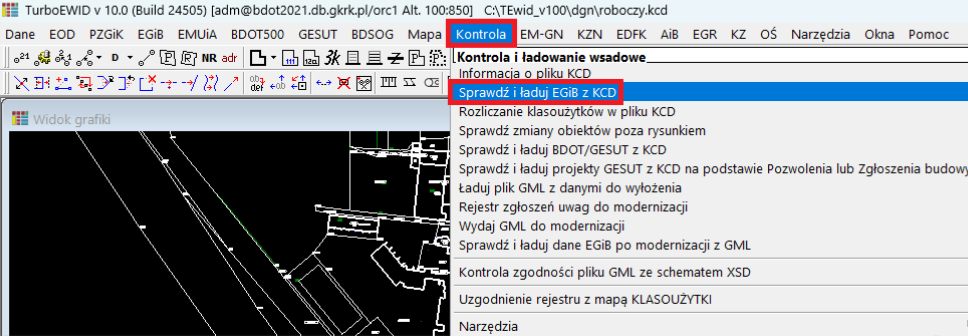 Widok opcji menu głównego programu: Kontrola oraz Sprawdź i ładuj EGiB z KCD