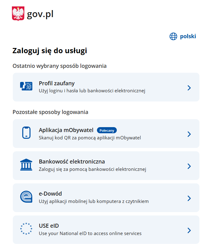 Widok okna sposobów logowania na platformie login.gov.pl