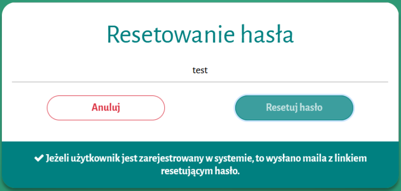 Widok okna do resetowania hasła