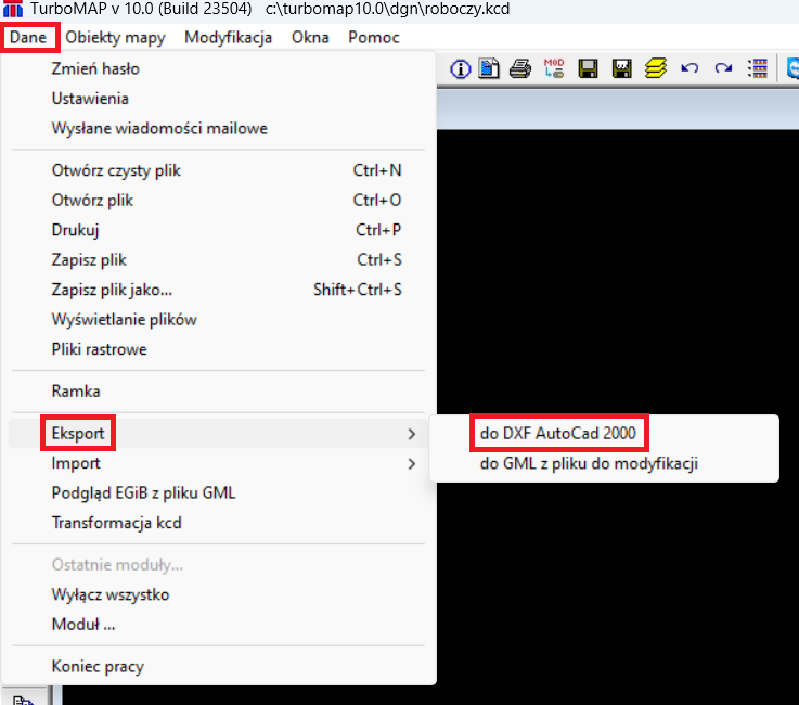 Widok menu głównego programu: Dane oraz Eksport