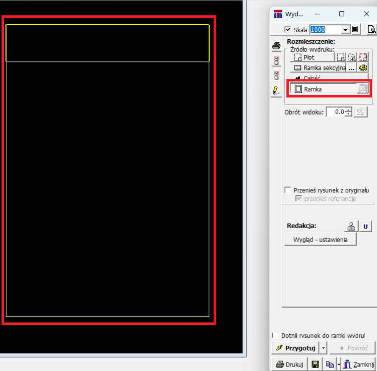 Widok okna wydruku i ramki