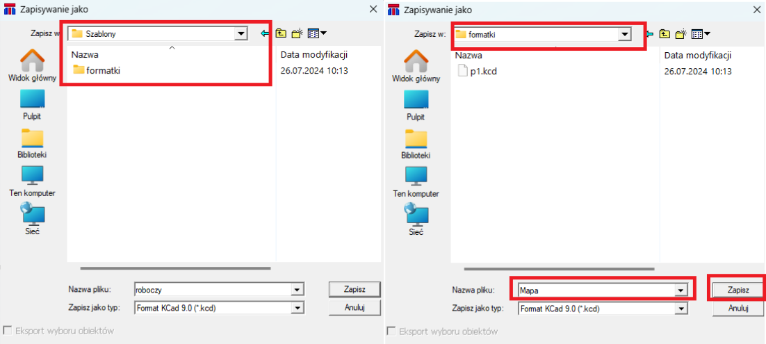 Widok okna zapisywania
