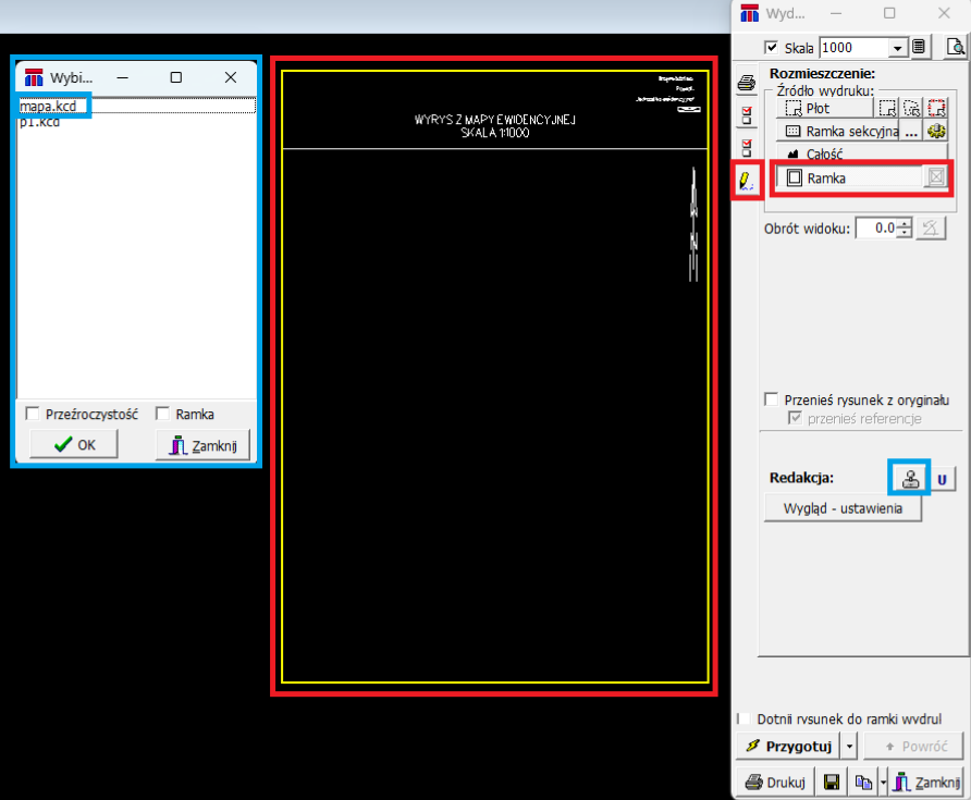 Widok okna wydruku, ramki i okna wyboru pieczątek