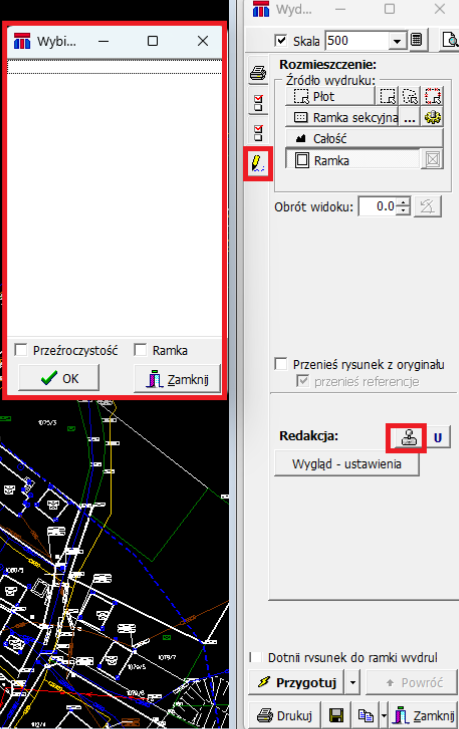 Widok okna wydruku i wyboru dostępnych pieczątek