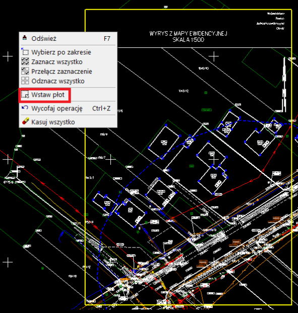 Widok fragmentu mapy z podświetlonymi opcjami po naciśnięciu prawego klawisza myszy