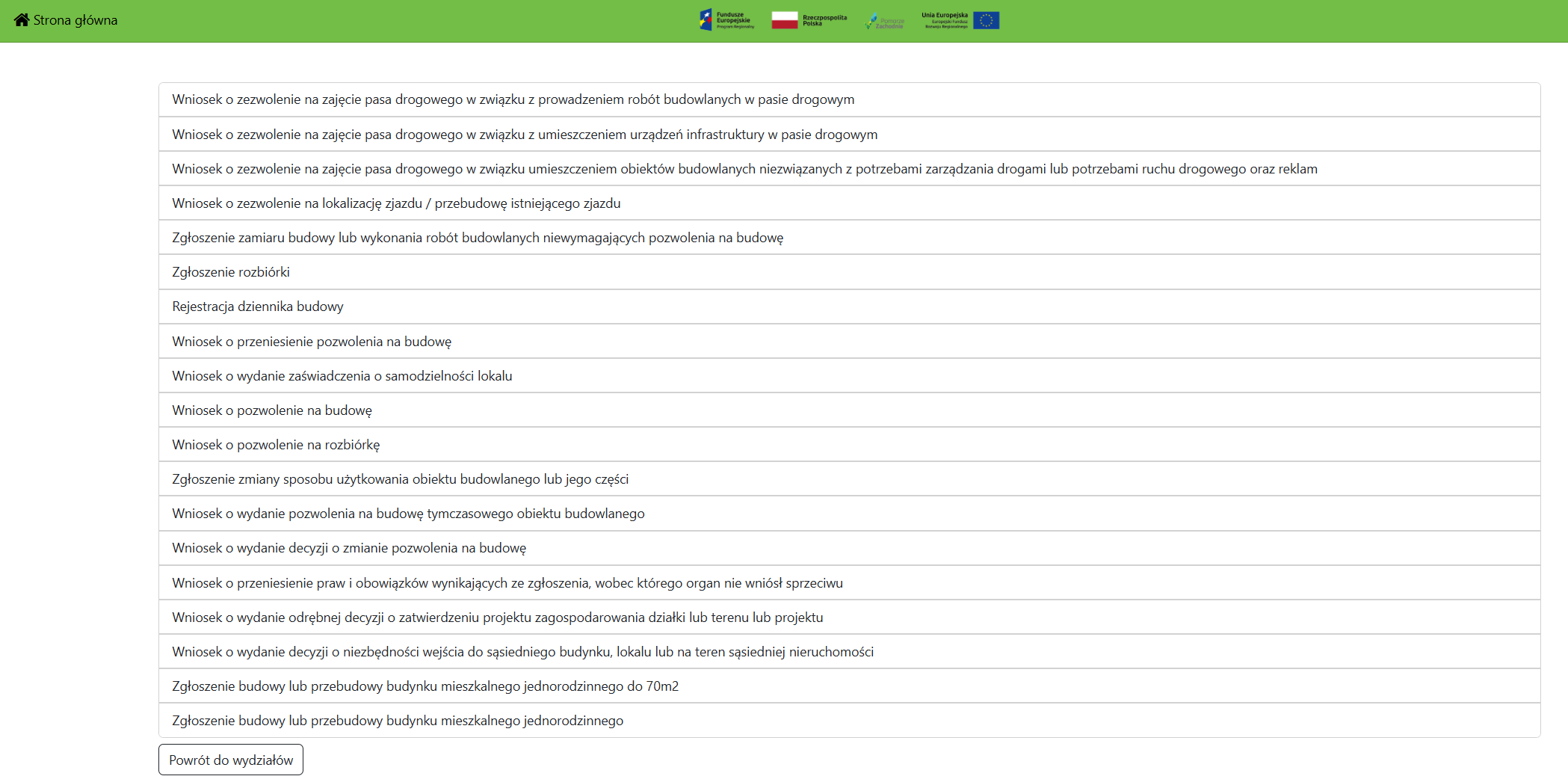 Widok strony z listą dostępnych wniosków