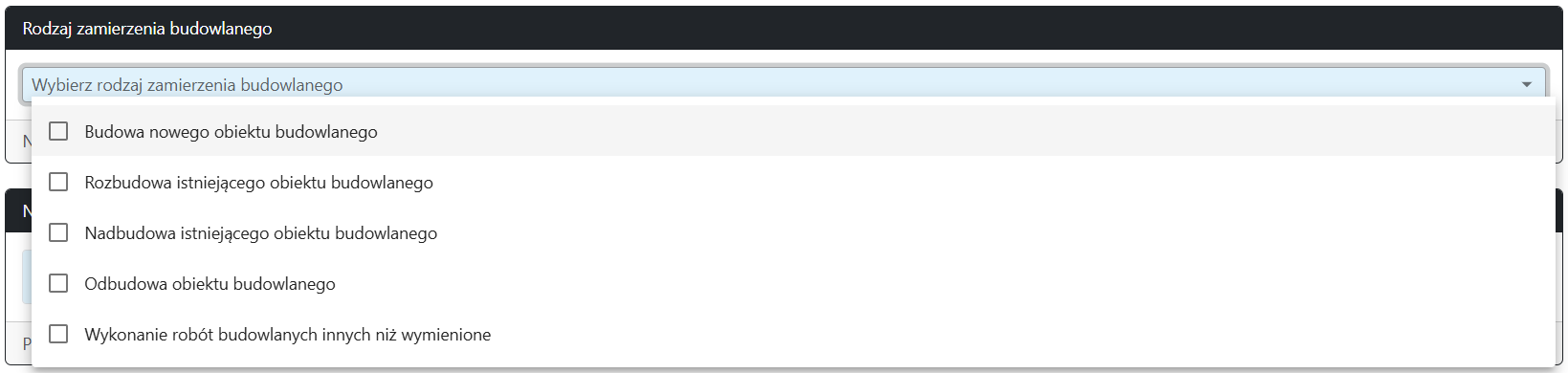Widok rozwiniętego menu wyboru rodzaju zamierzenia budowlanego