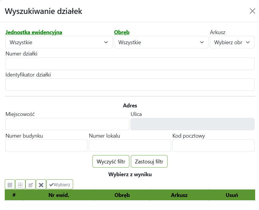 Widok okna wyszukiwania działek