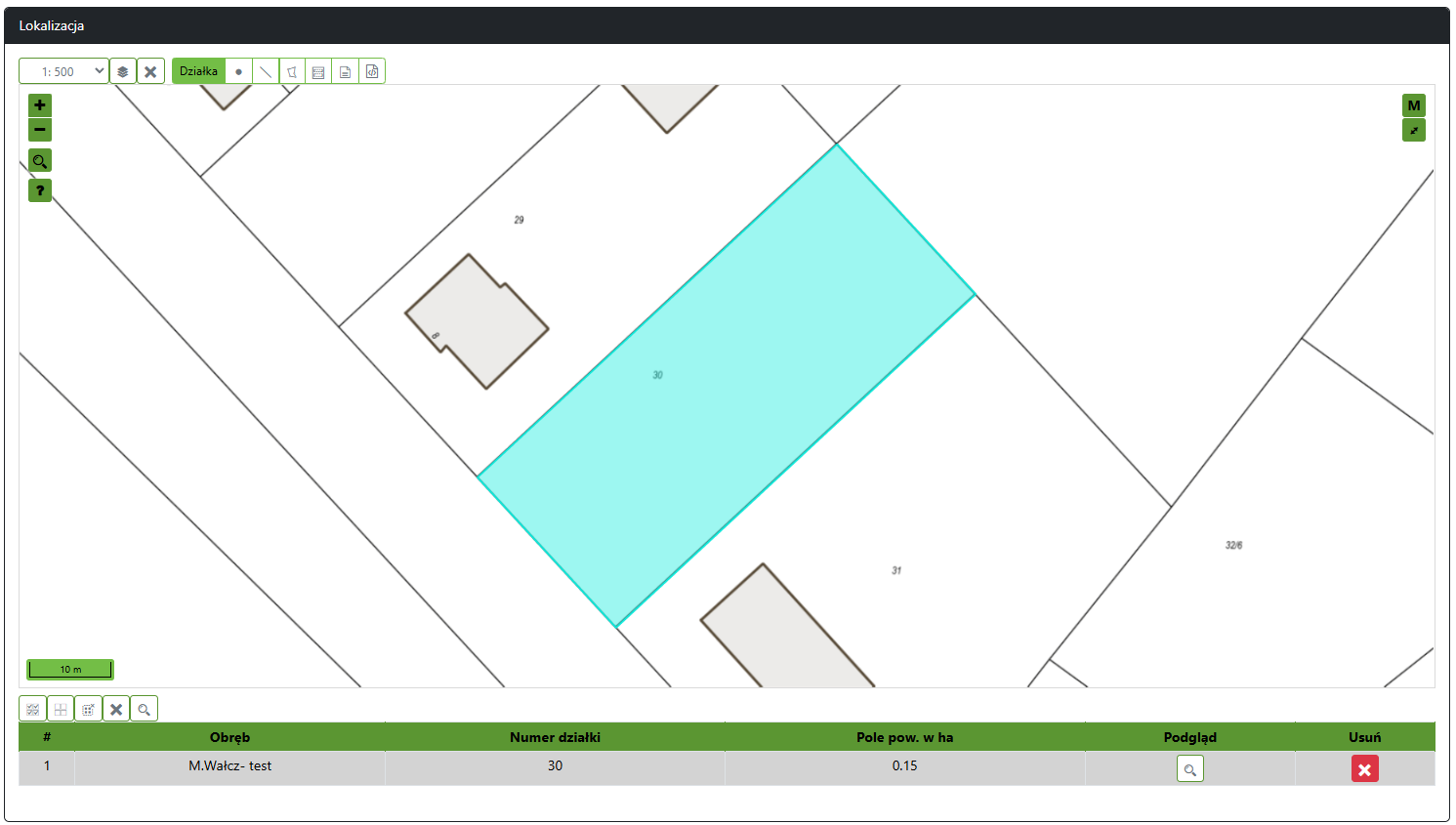 Widok okna z lokalizacją i wybraną działką