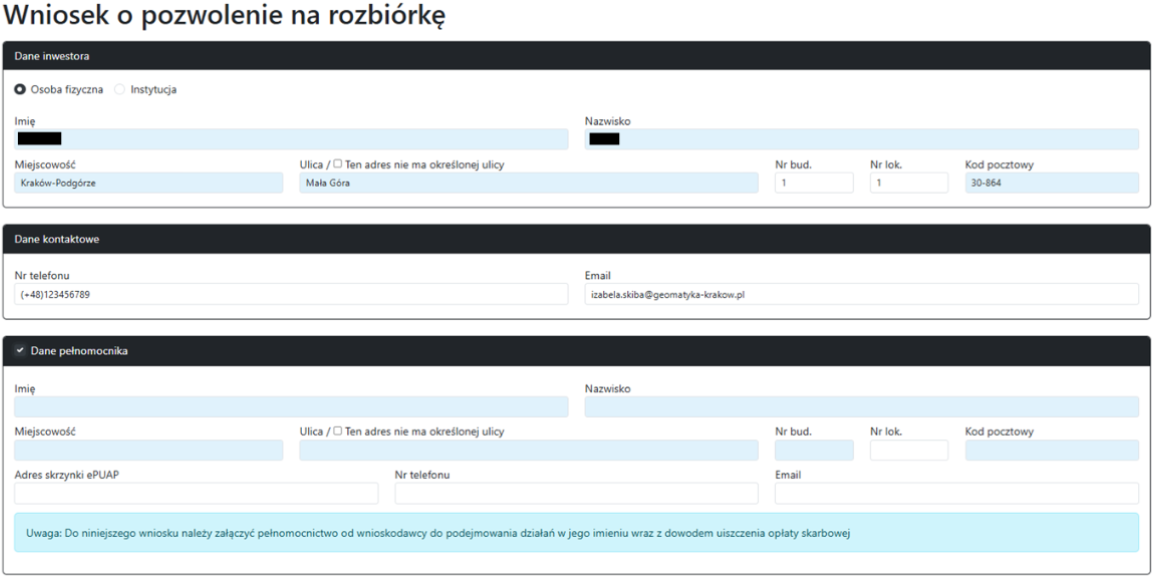 Widok części wniosku z inwestorem i pełnomocnikiem do uzupełnienia