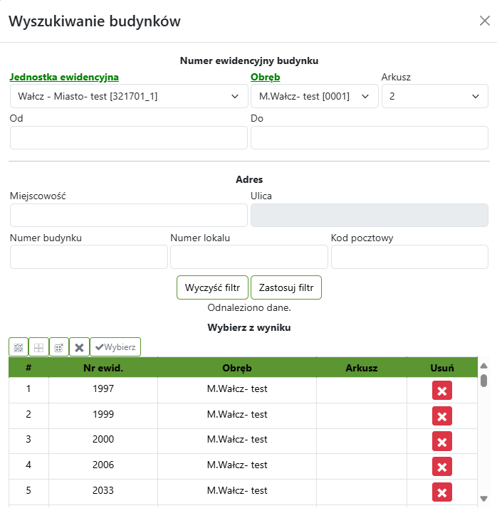 Widok okna wyszukiwania budynków