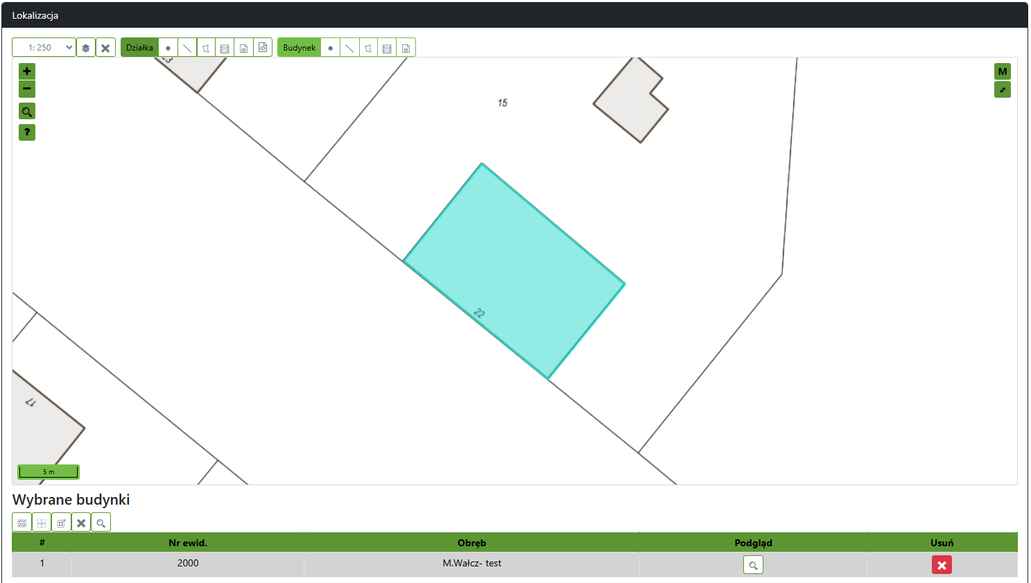 Widok okna z lokalizacją i wybranym budynkiem