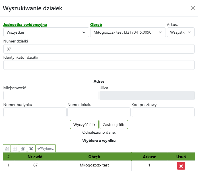 Widok okna wyszukiwania działek