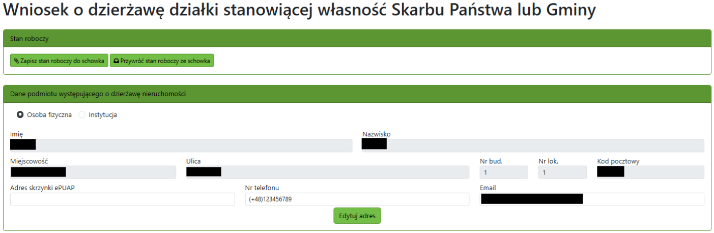 Widok części wniosku z danymi podmiotu