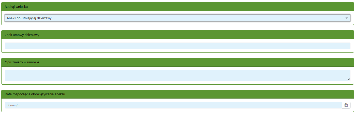 Widok okien do uzupełnienia - znaku umowy dzierżawy, opisu zmiany w umowie oraz daty rozpoczęcia obowiązywania aneksu