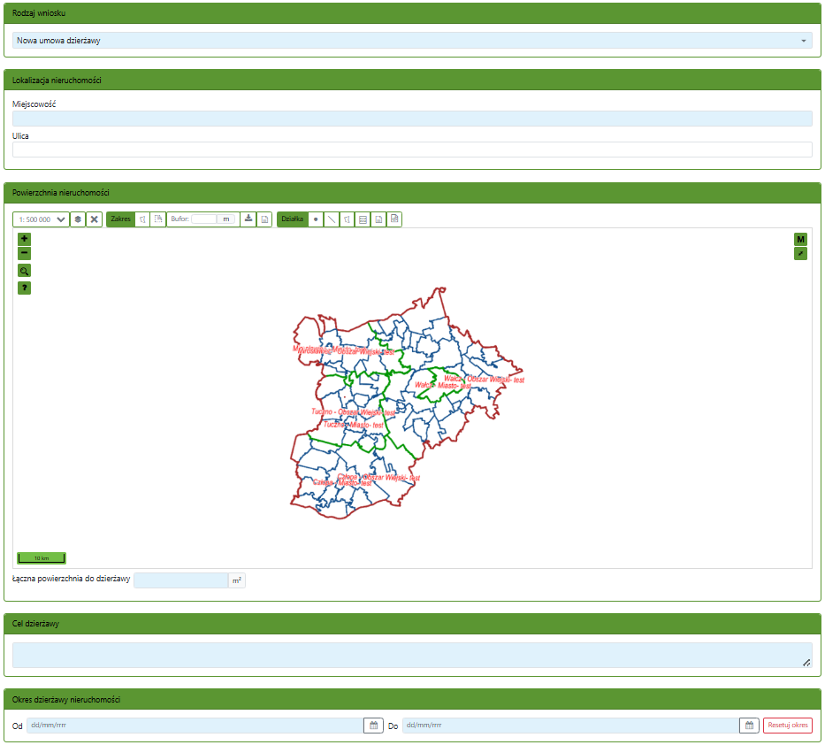 Widok okien lokalizacji nieruchomości, powierzchni nieruchomości, celu dzierżawy i okresu dzierżawy nieruchomości