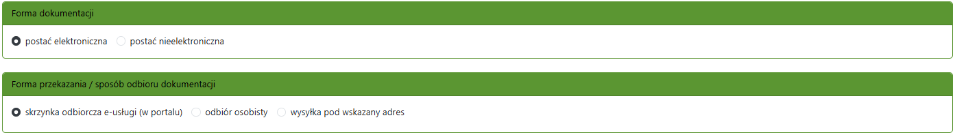 Widok okien wyboru formy dokumentacji i jej przekazania