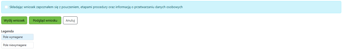Widok deklaracji i opcji wysłania i podglądu wniosku