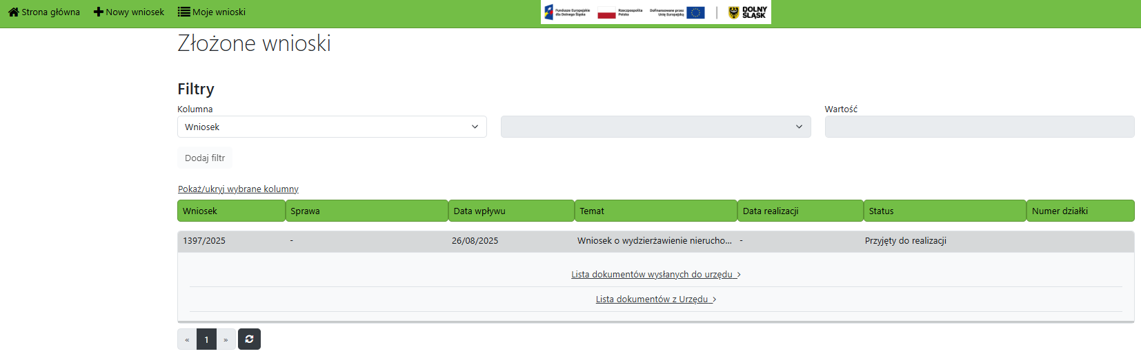 Widok listy z wnioskami Operatora