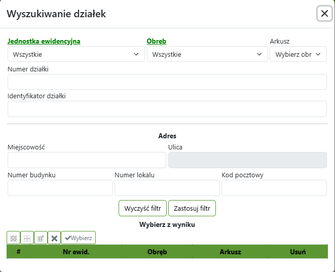 Widok okna wyszukiwania przez atrybuty