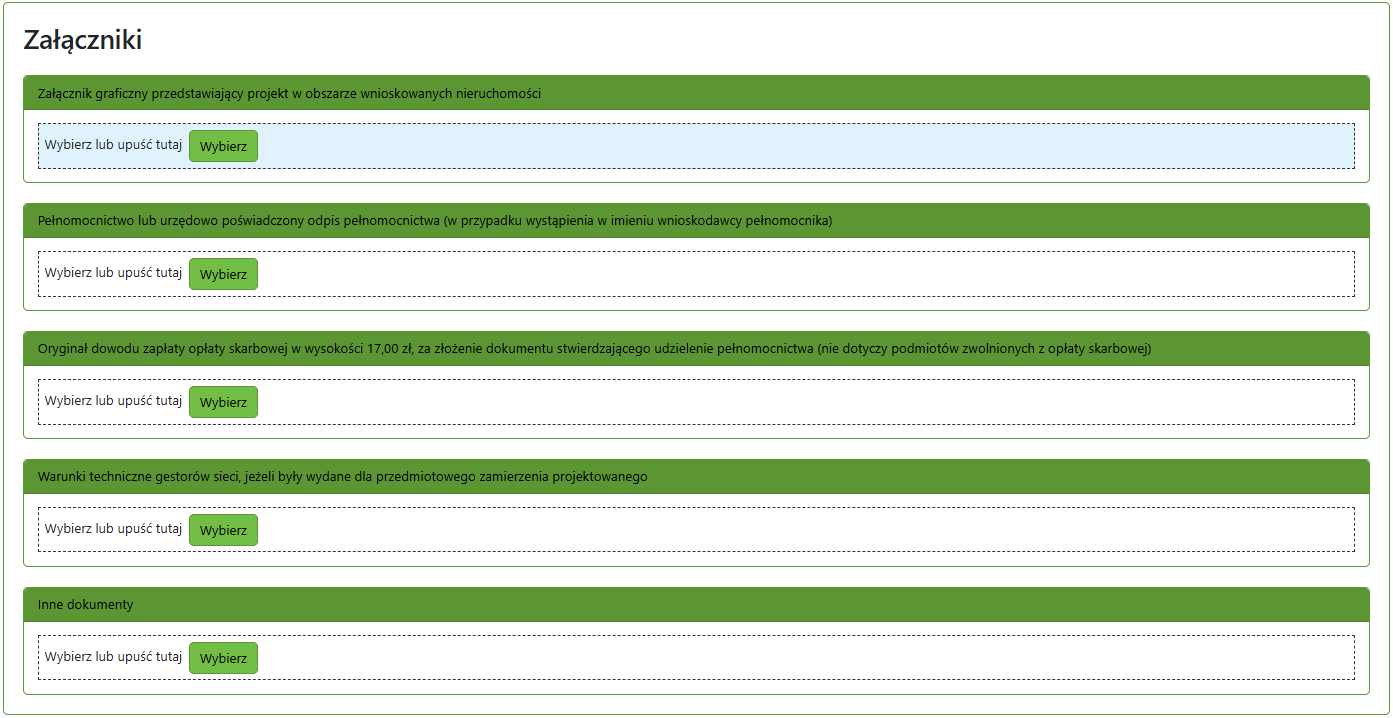 Widok okna do wprowadzania załączników do wniosku
