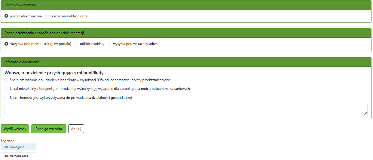 Widok części wniosku o naliczenie opłaty