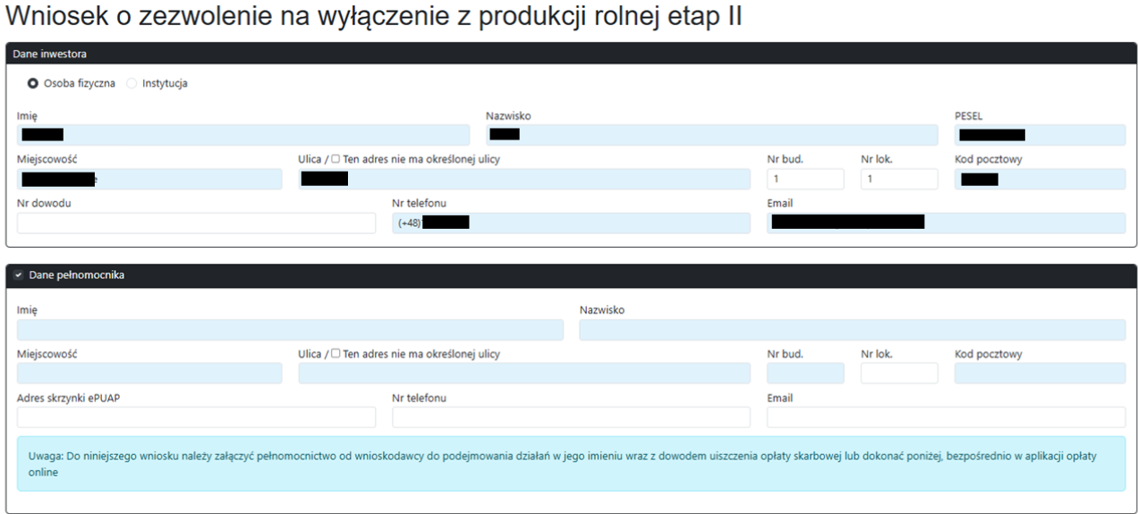 Widok części wniosku