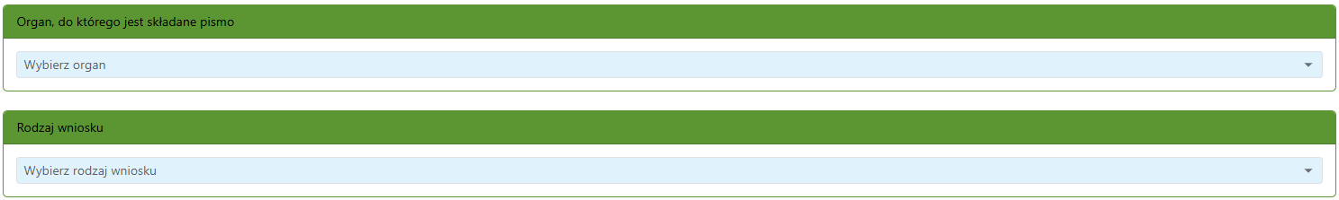 Widok części zgłoszenia z obszarem organu i rodzaju wniosku