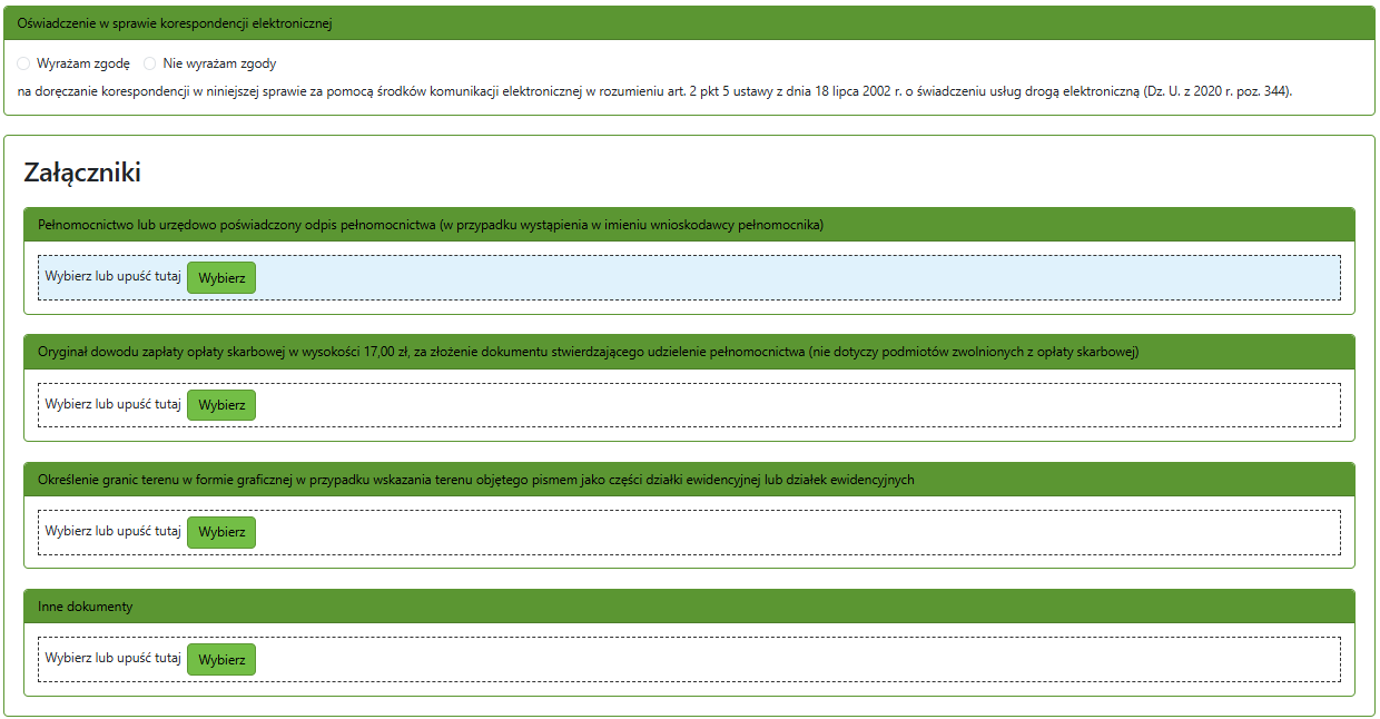 Widok części zgłoszenia z oświadczeniem i polem do wprowadzenia załączników