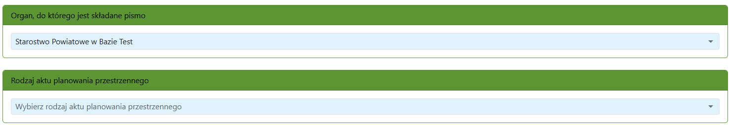Widok części zgłoszenia z obszarem organu i rodzaju aktu planowania przestrzennego