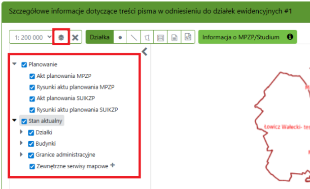Widok opcji prezentacji treści planów na mapie